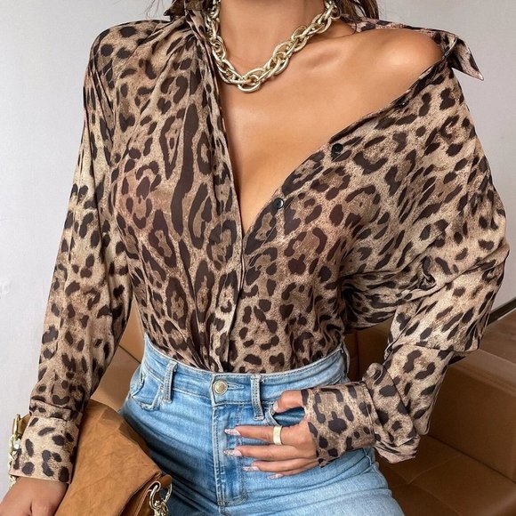 . Tops - Brown Boho Womens Leopard Print Button Up Shirt